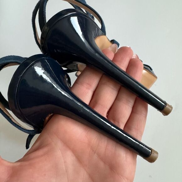 Bacta Dei Toi Made In Italy Mixed Leather 4.5” Heel Navy Sandals Size 37 6.5 - Picture 6 of 9